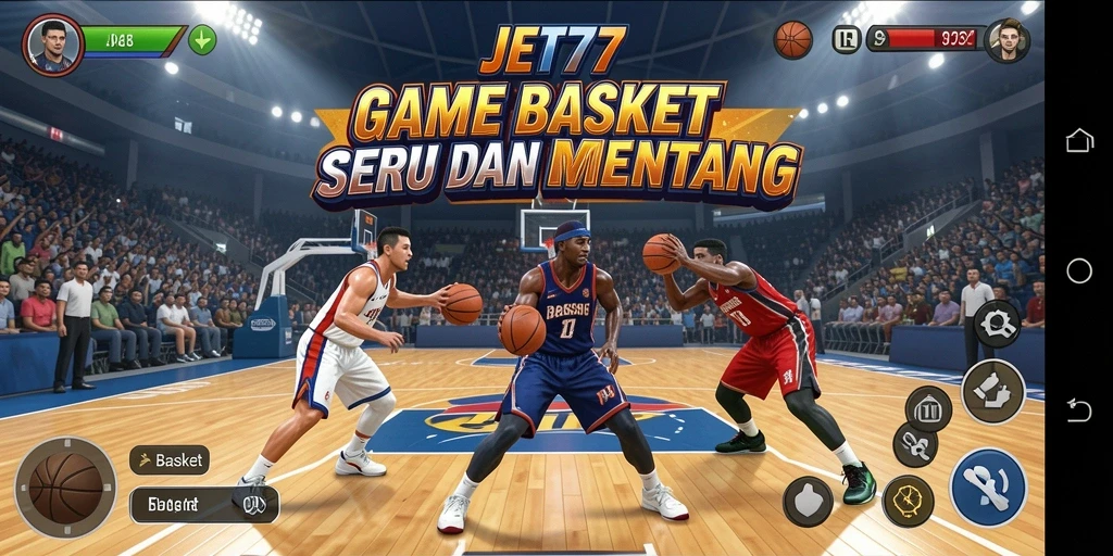 Tampilan antarmuka JET77 dengan karakter basket yang dinamis.