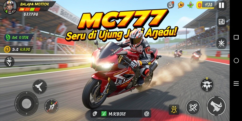 Tampilan antarmuka MC777 saat balapan motor dengan grafik menakjubkan.